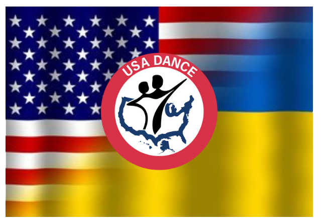USA and Ukraine flags merged with USA Dance Logo in the center